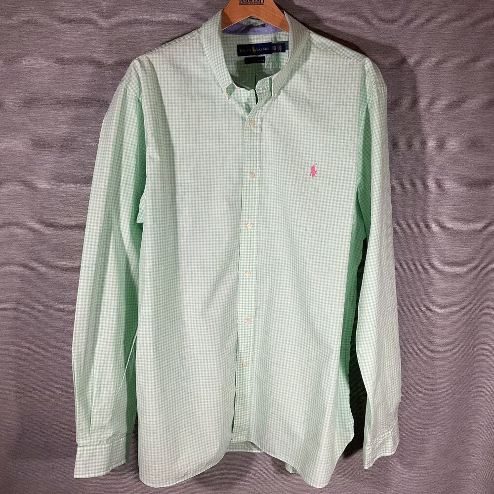Mens Ralph Lauren Polo Pale Green Gingham Button Down Shirt , Size XXL